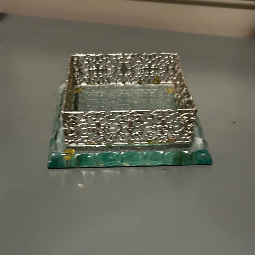 Vintage Silver Tone Filigree Jewelry Tray with Green Glass Base